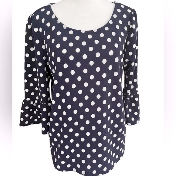 Green Envelope navy blue/white polka dot top with bell sleeves size L - Picture 1 of 8